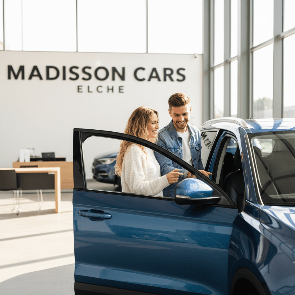 Clientes examinando un SUV de segunda mano