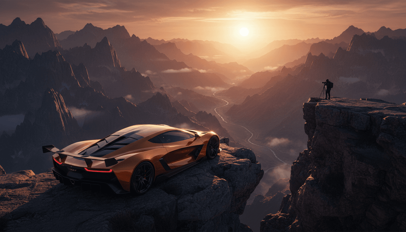 Coche de lujo en movimiento en carretera costera al atardecer